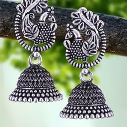 DIVASTRI Set Of 5 Silver-Plated Peacock Shaped Oxidized Jhumkas-7