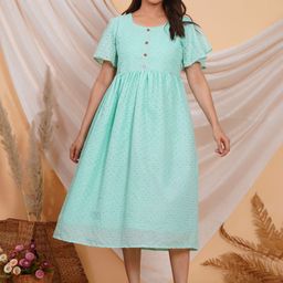 MomsBae Women Cotton Self Design Crochet Fit and Flare Midi Maternity Dress-image-46