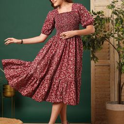 STARWORD Women Printed Puff Sleeves Fit & Flare Midi Dress-image-83