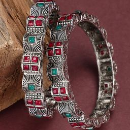 ANIKAS CREATION Set Of 2 German Silver-Plated Oxidised Stone-Studded Bangles-image-3