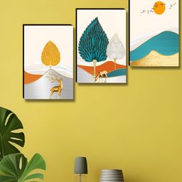Aura White & Green 3 Pieces Tree & Deer Birds & Animals Printed Wooden Wall Art-image-81