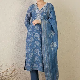 Indo Era Floral Embroidered Straight Thread Work Kurta With Trouser & Dupatta-picture-42