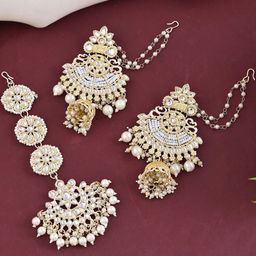 VOJ Gold Plated Kundan-Studded Earrings With Maang Tikka Jewellery Set-image-39