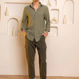 THREE DAYS Grid Striped Spread Collar Comfort Cotton Shirt-image-98