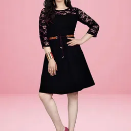Dream Beauty Fashion Women Round Neck Lace Inserts Crepe Fit & Flare Dress with Belt-image-2