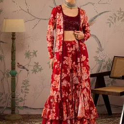 Shae by SASSAFRAS Maroon and Cream Embellished Top and Shrug With Trouser-17