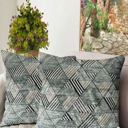 Blue Grass Grey & Black 2 Pieces Geometric Velvet Square Cushion Covers-image-74
