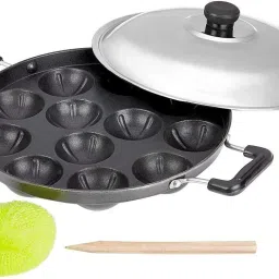 Aluminium Non-Stick 12 Cavity Appam Patra with Lid and Scrub Paniyaram Maker K5 Paniarakkal with Lid 1 L capacity 23 cm diameter-18