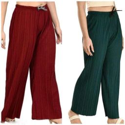 Pack of 2 Women Relaxed Green, Maroon Lycra Blend Trousers-image-4