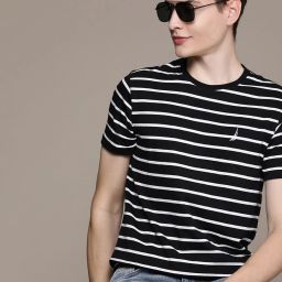 Men Striped Round Neck Pure Cotton Black T-Shirt-image-15