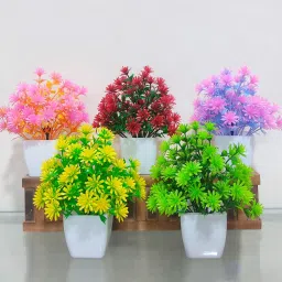 Set Of 5 Mini Artificial Flower Plant for Home, Office, Garden And Table Decor Bonsai Wild Artificial Plant with Pot-5