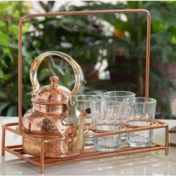 Pack of 6 Copper Copper Hammered Tea Pot with Brass Stand with 4 Glass Tea Cup-image-71