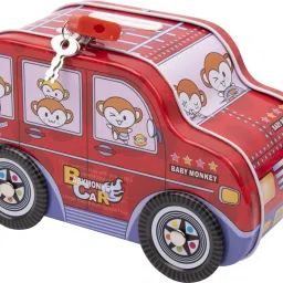 Cartoon Monkey Mini Bus Metal Piggy Bank with Security Lock & Keys for Kids Coin Bank-image-18