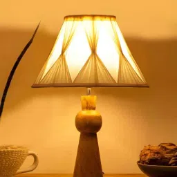 new era Off-white cotton Vintage Curtain Pleated lamp with wood base (12x19.25)-picture-28