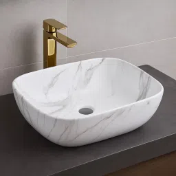Luxury Tabletop Ceramic Wash Basin | Elegant White-Grey-Golden Over Counter Sink | Modern Marble Look Bathroom Sink|45 x 33 x 13 CM| Stylish Countertop Washbasin Over Counter Basin-image-12