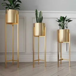 Golden 3 pot planter stand for balcony garden indoor outdoor With pots(golden) Plant Container Set-image-73