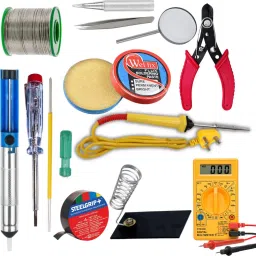 25W Soldering Iron, Solder Wire, Iron Stand, Cutter, Paste Flux,Tweezer, Pump, Tester, Bit,Magnifying Glass, Tape, Screw Driver, Multimeter Combo 25 W Simple-12