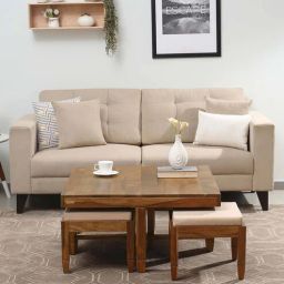 woodsworth from pepperfry Rezzan Sheesham Wood Nesting Coffee Table Set in Scratch Resistant Rustic Teak Finish With Cushioned Stools-picture-43