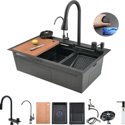 fossa 30"x18" Single Bowl Waterfall Kitchen Sink with Pull-Down Faucet all Accessories FS-WFNS Vessel Sink-picture-22
