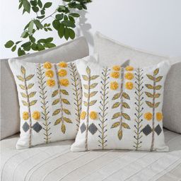eyda White & Yellow 2 Pieces Cotton Embroidered Square Cushion Covers-13