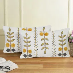 eyda White & Yellow 2 Pieces Cotton Embroidered Rectangle Cushion Covers-42