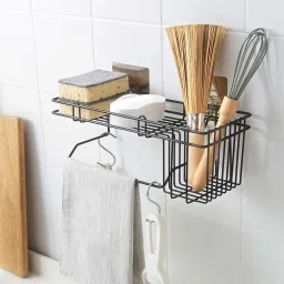 Bathroom Kitchen Storage Basket Cabinet Organizer Adhesive Bathroom Shelf Organizer Shower Caddy Kitchen Spice Rack Wall Mounted No Drilling Anti-Rust Wrought Iron Drain Rack Organizer Steel Wall Shelf-12