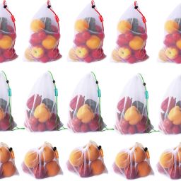 ganapati Vegetable Bag for Fridge Fruit Net Bag for Refrigerator Reusable Washable Multipurpose Draw-string Storage Mesh Grocery Bag. Pack of 15 Grocery Bags image 2
