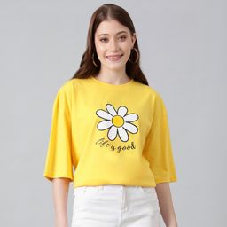 kotty Women Printed Round Neck Cotton Blend Yellow T-Shirt-picture-6