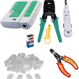 Inditrust Rj45 Rj11 Crimping, Multitec cutter, KD-1 Professional Punch Down Tool, Network Lan Cable Tester, 9V battery and 50 Pcs Connectors Combo Set-0