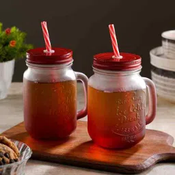 ceradeco Set of 2 Red Frosted Coloured Mason Jar With Metal Lid & Straw 480 Ml Each-picture-27