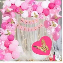 Luxary Birthday Decorations kit Pink baby Pink White Balloons and 3D Butterfly-image-47