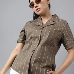 Women Regular Fit Striped Lapel Collar Casual Shirt-image-42