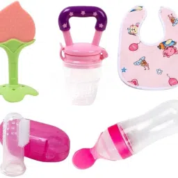 Combo Pack of 5 Food Dispensing squeeze Spoon 90ML,Baby Finger Brush, Baby bibs Teether and Feeder-image-58