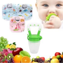 Fast Dry Waterproof Cotton Baby Bib(2) & Fruit Feeder(1) Useful Baby Shower Gift Feeder-image-4