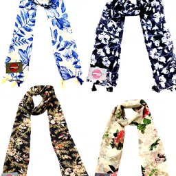Floral Print Chiffon Women White, Black, Brown Stole-image-66