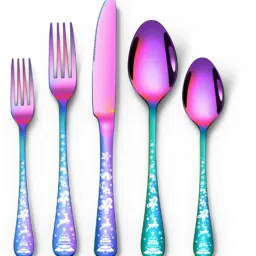 Rainbow Silverware Set | 5-Piece Flatware with Christmas Printed Handle Stainless Steel Cutlery Set-image-41