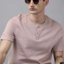 Men Self Design Henley Neck Pure Cotton Purple T-Shirt-image-80