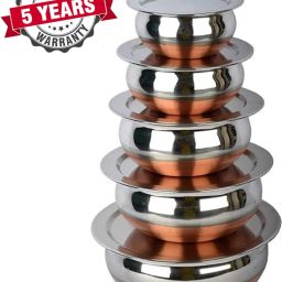 Heavy Copper Bottom Handi set with lid/ copper bhagona/steel bhagona Pack of 5 Cook and Serve Casserole-21
