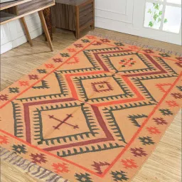 baithak krafts Brown Wool & Jute Geometric 96 x 60 Inches Hand Woven Dhurries-picture-1