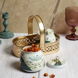 amaya decors Green Peacock Print Jars WIth basket Set of 2-picture-42