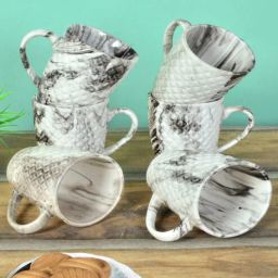 fabinaliv White Ceramic 360 ml Abstract Handcrafted (Set of 6) Coffee Mug-picture-15