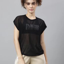 Women Typography Crew Neck Nylon Black T-Shirt-image-83