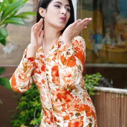 Women Night Suit Set Orange Printed-image-17
