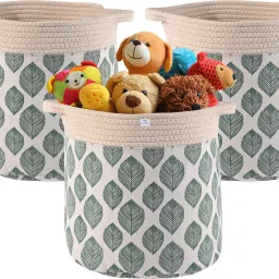 Cotton, Polyester Pack of 3 Clothes/Storage Basket with Handles | GM-22-WHT | Leaves Print - White Storage Basket-image-24