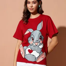 the dry state Women Printed Round Neck Pure Cotton Red T-Shirt-picture-40