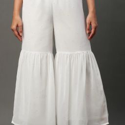 Women Loose Fit White Georgette Trousers-image-3