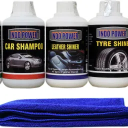 DASHBOARD SHINER 250ML+CAR WASH SHAMPOO 250ml+ TYRE SHINER 250ml+ LEATHER SHINER 250ml+ scratch remover 200gm . car microfiber cloth Blue. Combo-4