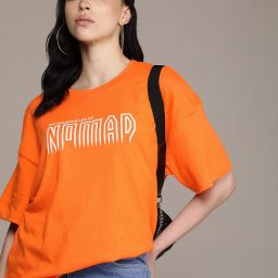 Women Printed Round Neck Cotton Blend Orange T-Shirt-image-64