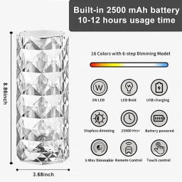 unzag Crystal Rose Diamond 16 Color RGB Changing Mode Led Desk Lamp - Touch Control Table Lamp image 2