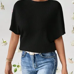 rahi trendz Casual Butterfly Sleeves Self Design Women Black Top-picture-30